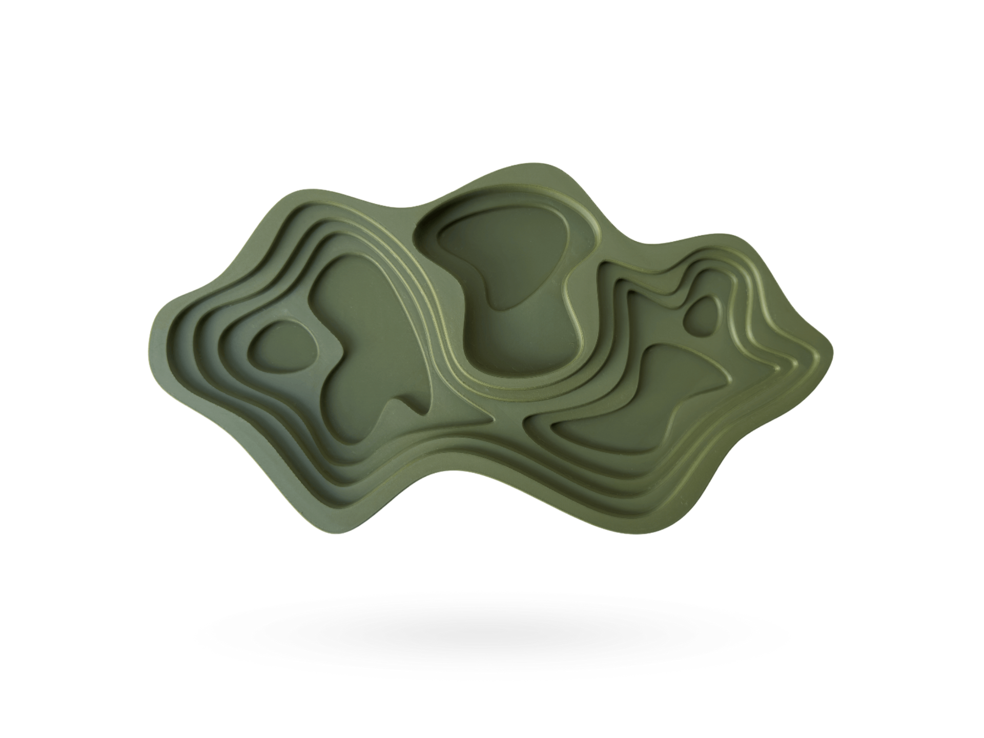 OBJ STUDIO Topo Tray in olive green, 3D-printed modern design tray inspired by topographic forms, sustainable home décor.