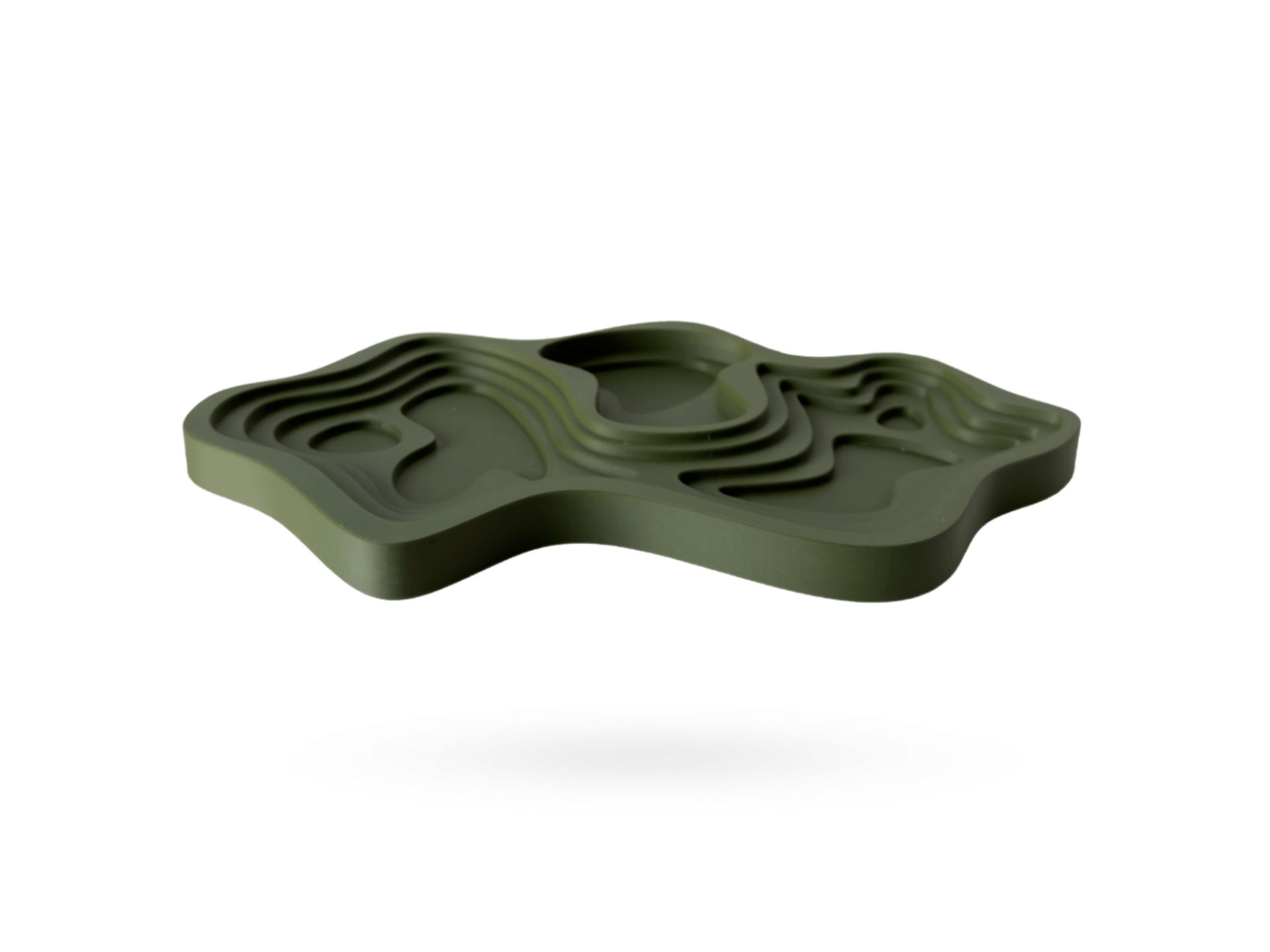 Architectural-inspired Topo Tray by OBJ STUDIO, 3D-printed in olive green with layered topographic form for design-forward décor.
