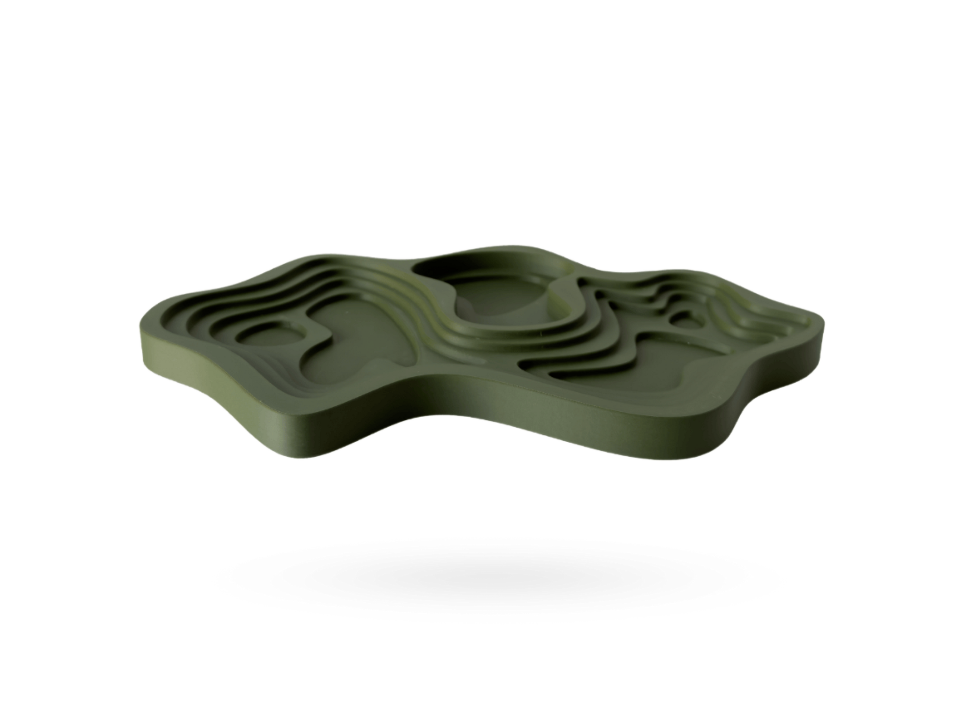 Architectural-inspired Topo Tray by OBJ STUDIO, 3D-printed in olive green with layered topographic form for design-forward décor.