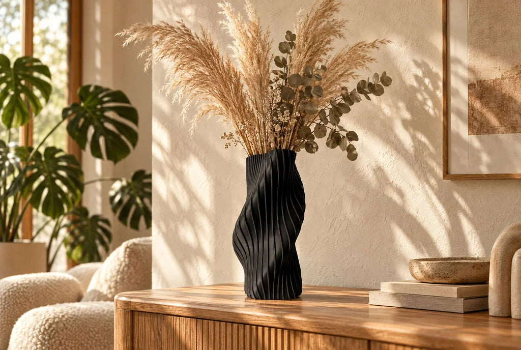 OBJ STUDIO Fluid Series vase styled with dried pampas grass, styled water-free