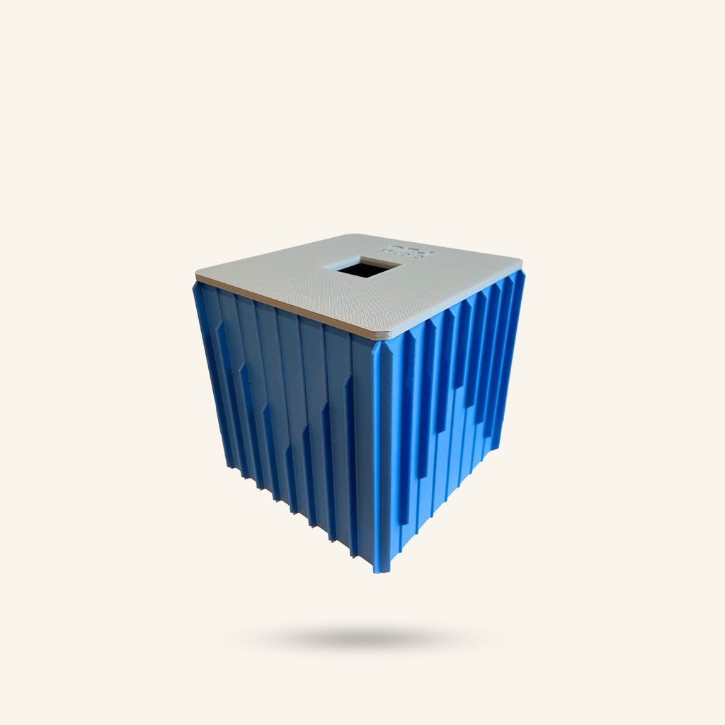 Blue and gray geometric stool on a white background