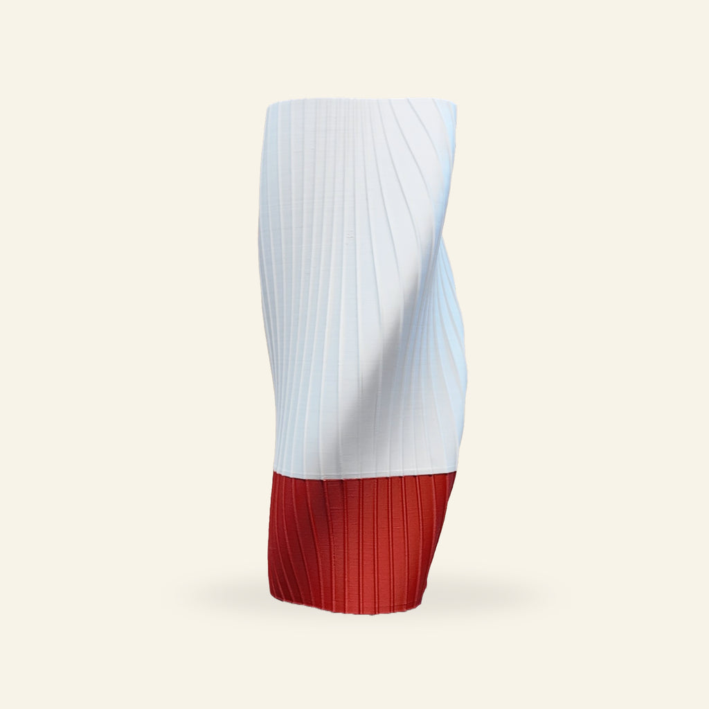 Fluid Series lighting shade with red base, sculptural sustainable 3D printed lighting made from plant-based PLA