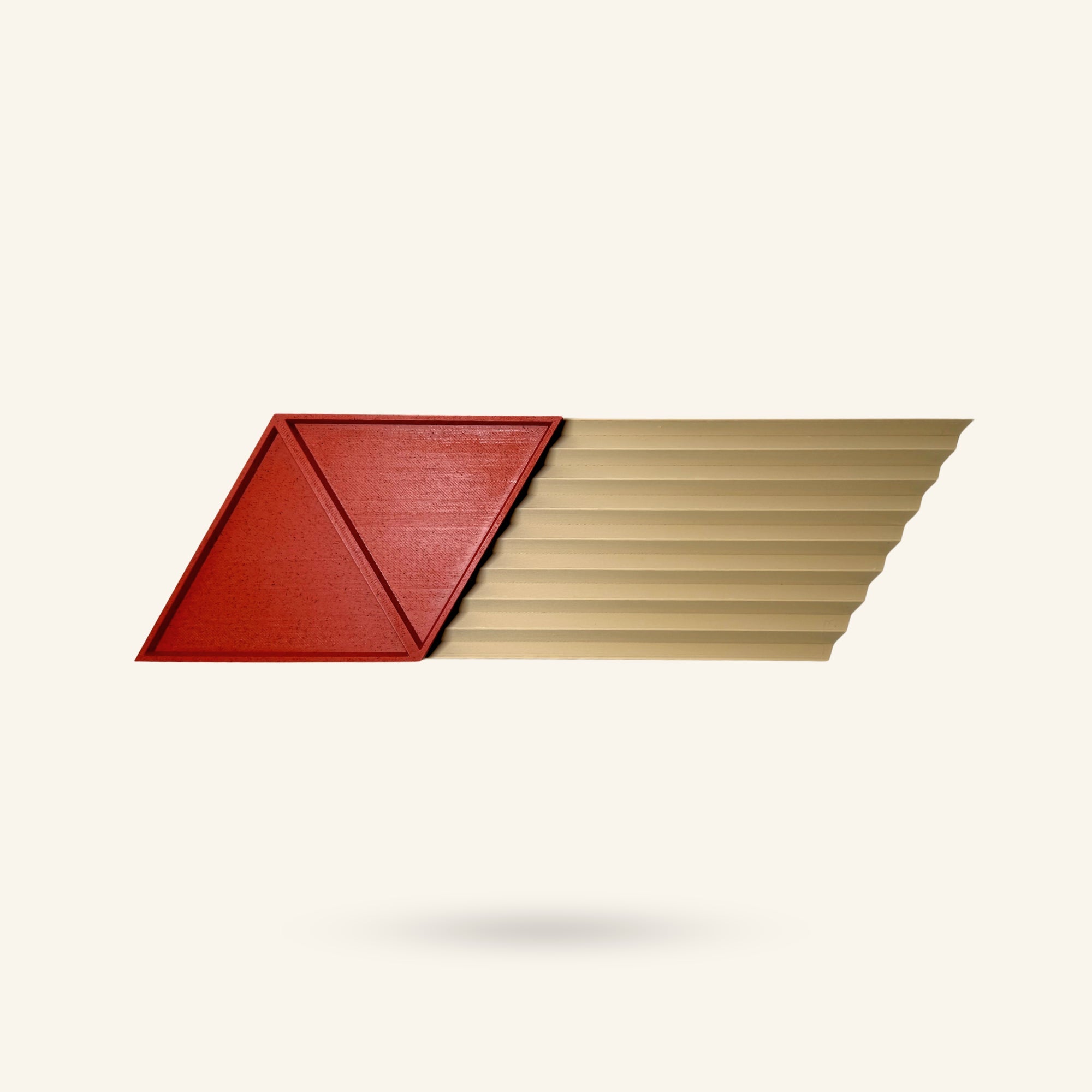 OBJ STUDIO Z-Organizer in red and beige, a 3D-printed plant-based PLA desk tray with linear and triangular design.